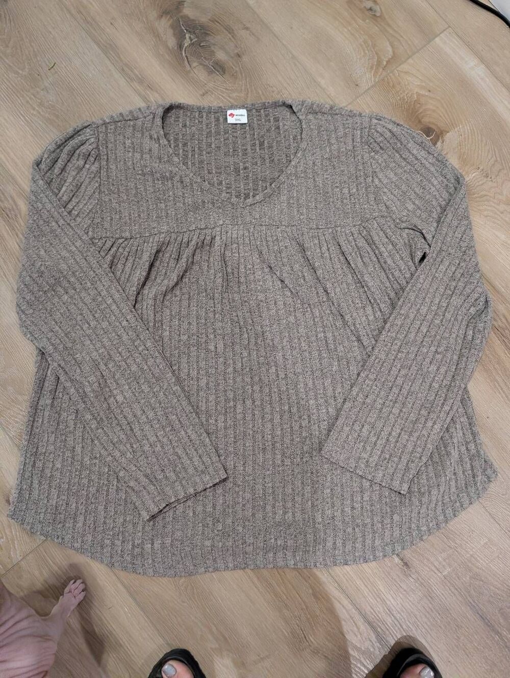 WIHOLL Women’s 3XL Babydoll Tunic Top Taupe Ribbed Knit Long Sleeve Boho